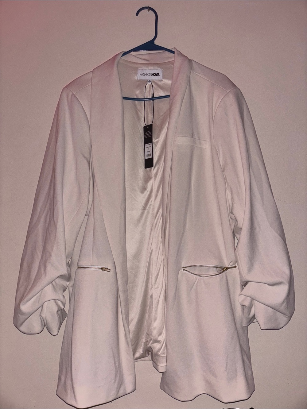 Fashion Nova White Open-Front Long Blazer with Gold Zipper Detail